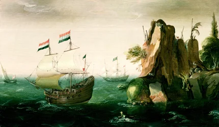 Ein niederländisches Handelsschiff vor einer felsigen Küste